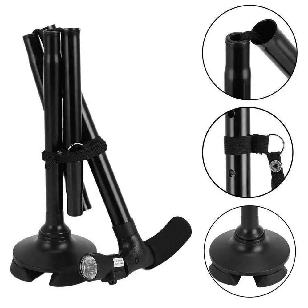 Foldable black walking stick with comfortable grip and non-slip rubber base