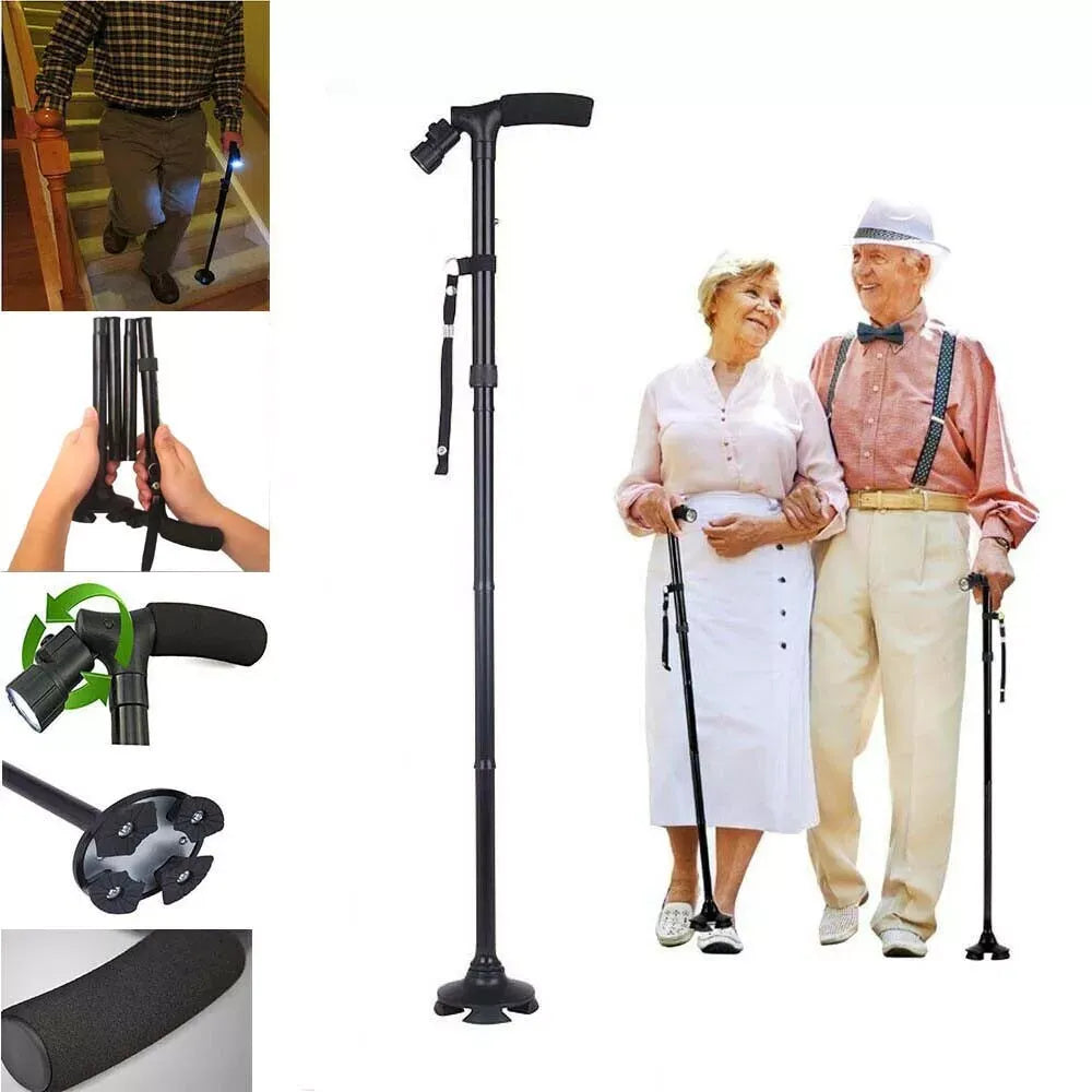 Walking stick with LED light, foldable frame, and seniors using for daily support