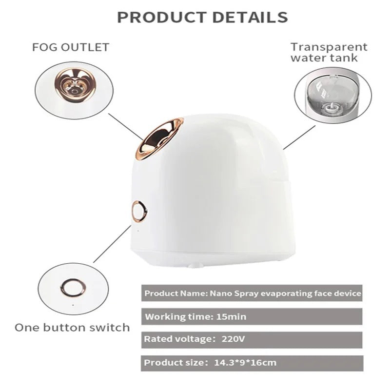 Facial steamer specification chart showing tank capacity, mist technology, heating time, and built-in safety features.