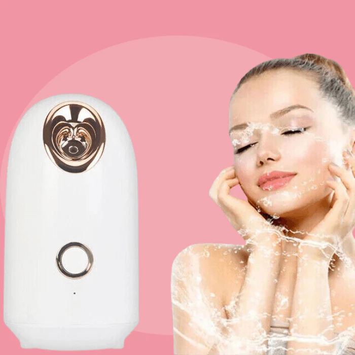 Facial steamer shown in a skincare routine setup with model showcasing gentle steam for relaxation and pore cleansing.