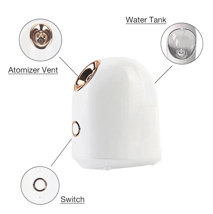 Facial steamer product diagram showing nozzle angle, water tank, and mist technology for at-home facial treatments.