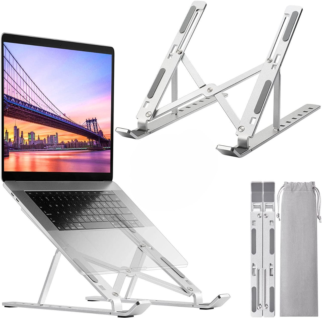 "Adjustable aluminum laptop stand shown in three positions: folded, in use with a laptop, and fully extended. Includes a portable carrying pouch, highlighting its compact and ergonomic design for improved airflow and posture.