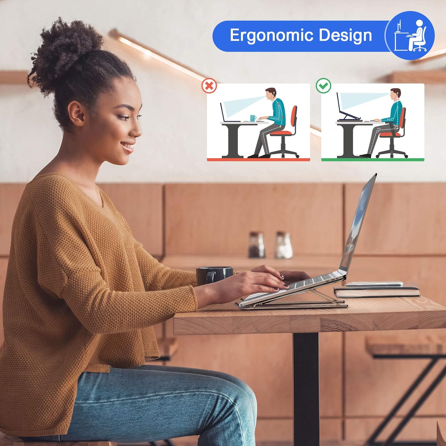 Woman working at a desk using a laptop stand, sitting upright in an ergonomic posture. Inset comparison image shows improved sitting position with the stand versus without, emphasizing posture correction and neck strain reduction.
