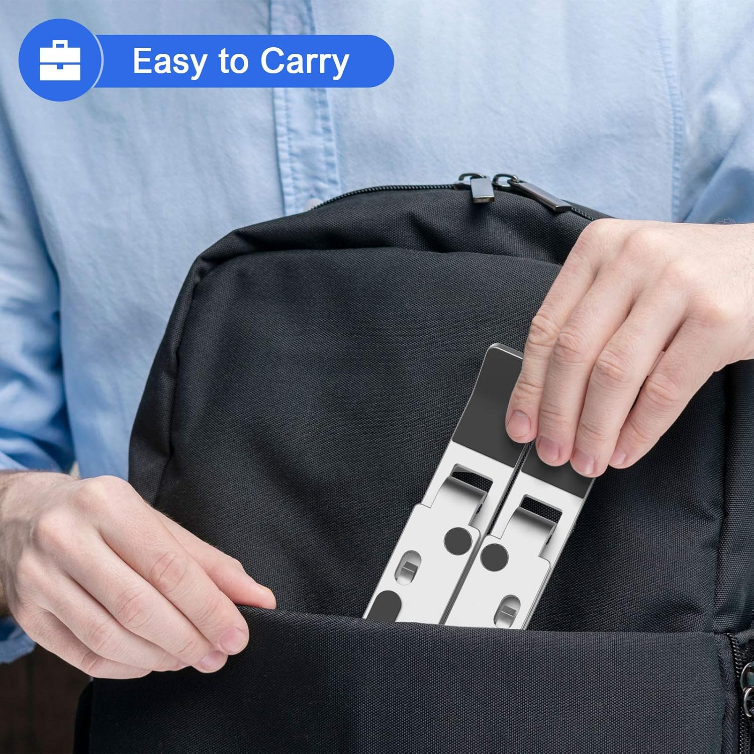 Portable foldable laptop stand being packed into a backpack – ideal for travel and on-the-go work setups