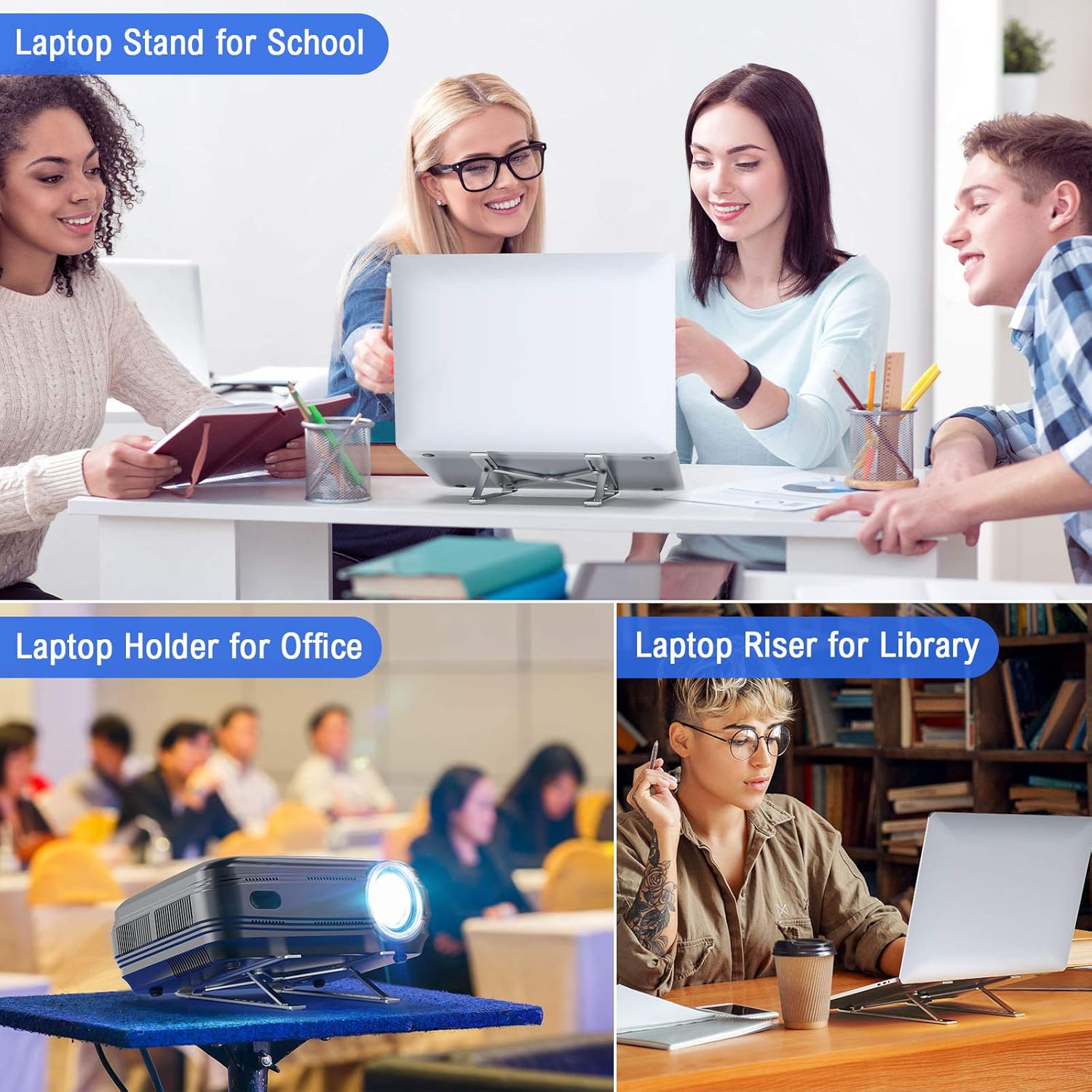 Collage of people using a laptop stand in various settings—office meetings, online study sessions, classroom lectures, and remote work. Highlights the laptop stand’s versatility for improving comfort and productivity anywhere.