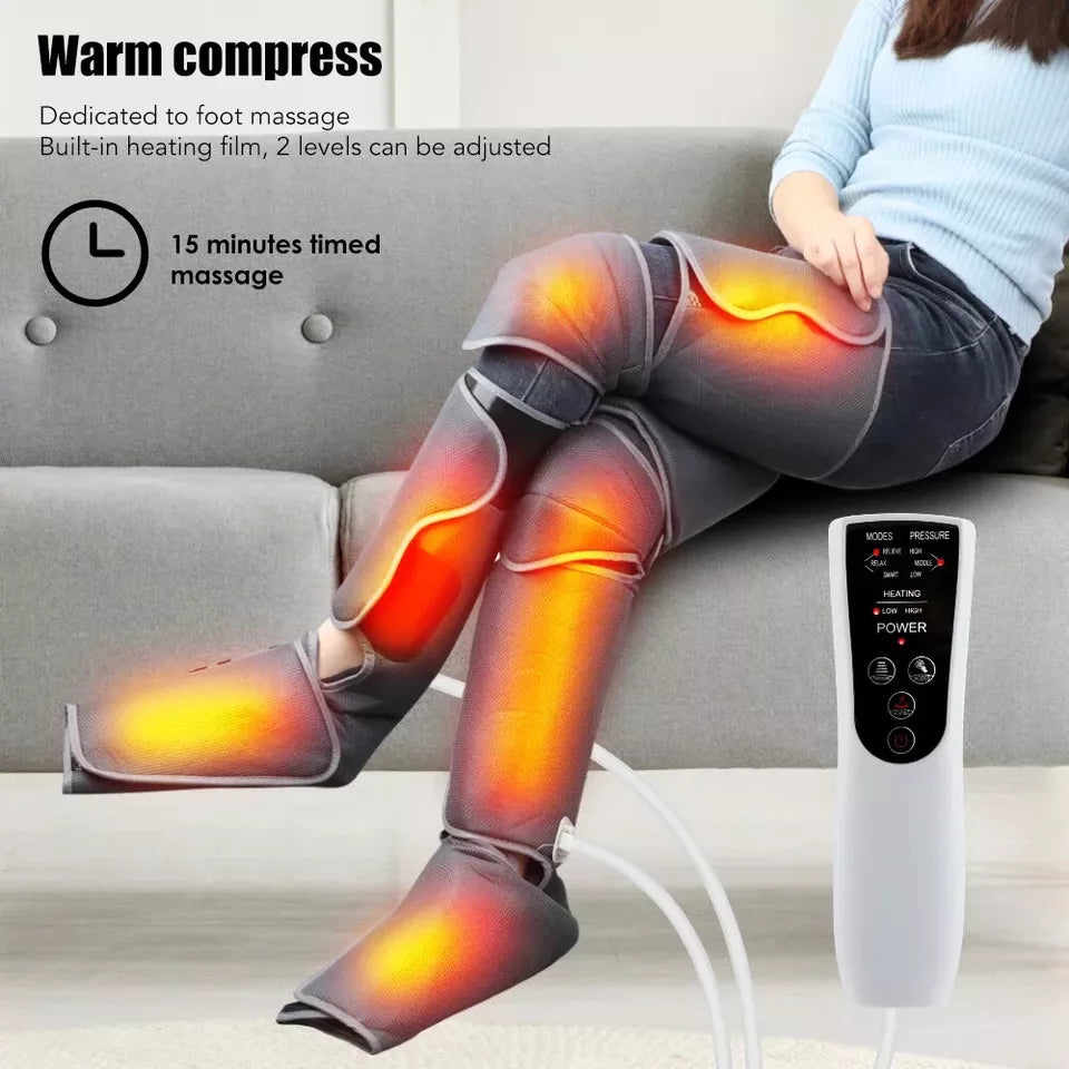 Person seated using a heated leg massage machine with glowing orange areas highlighting warmth in the thighs, calves, and feet. Text reads 'Warm Compress' with icons emphasizing improved blood circulation and relaxation