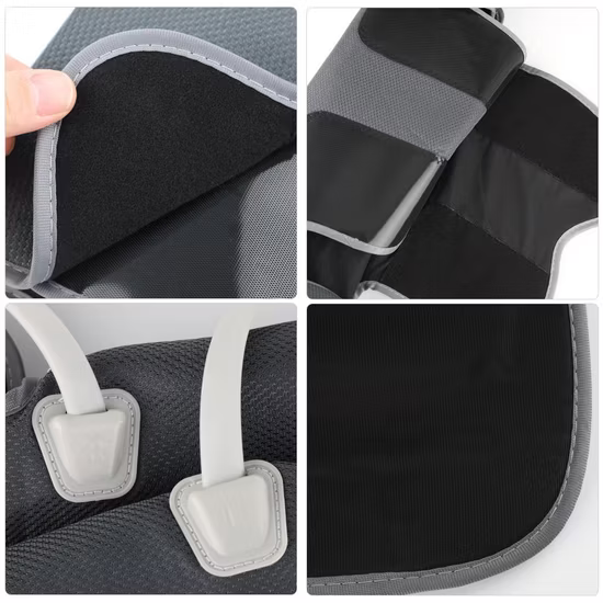 "Close-up collage of a leg massage machine showing fabric texture, adjustable Velcro straps, air hose connections, and soft padded interior. Highlights the device’s comfort, flexibility, and easy-to-use design