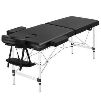 Black massage table with adjustable headrest, lightweight aluminum frame, and sturdy foldable legs, designed for easy portability and professional use.