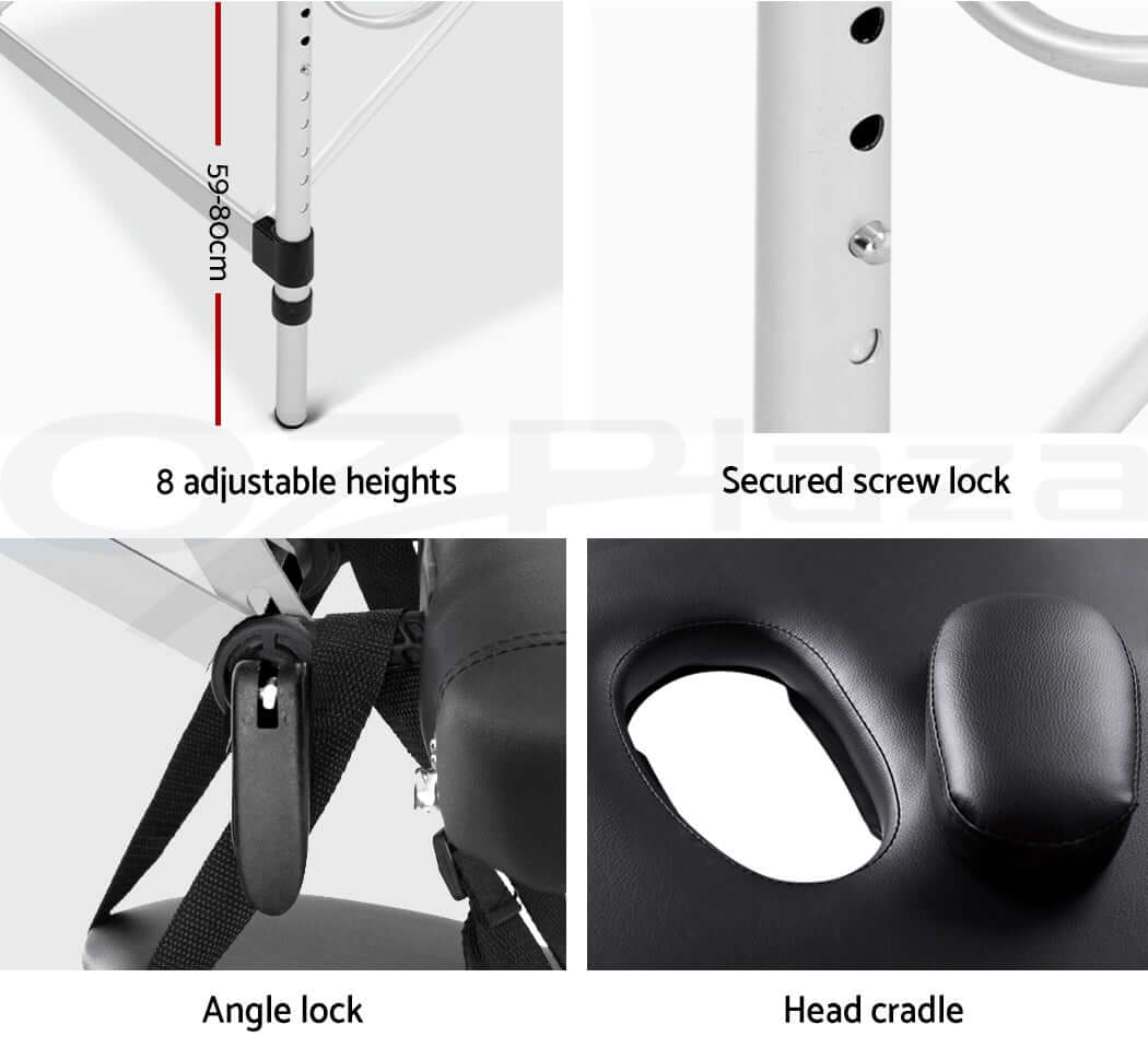 Close-up details of a massage table showing adjustable height settings, secure locking mechanisms, ergonomic headrest, and reinforced handles for enhanced stability and comfort.