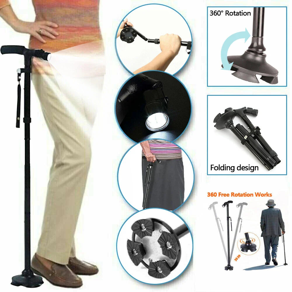 Adjustable walking stick with ergonomic handle and foldable design for mobility support