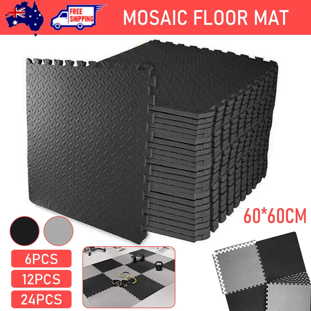 Pack of interlocking gym mats with non-slip surface for workout flooring protection
