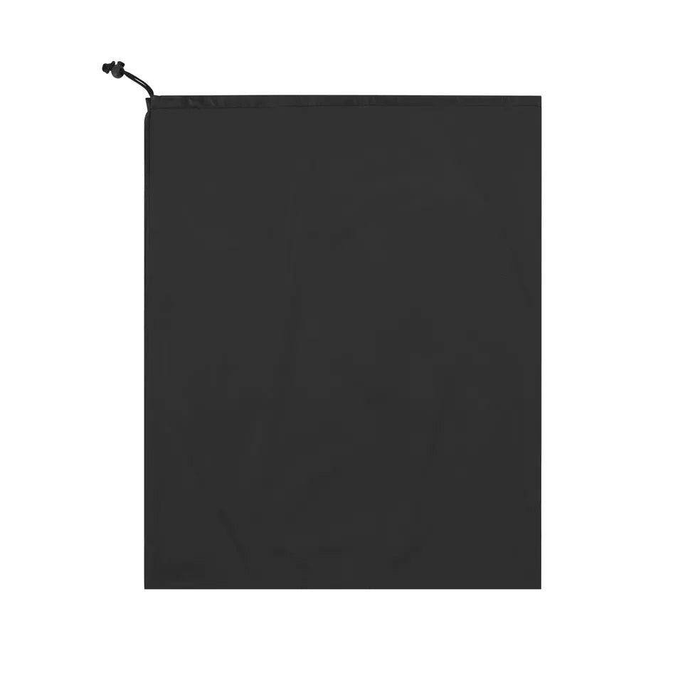 "Black drawstring storage bag for sauna tent accessories, shown flat against a white background. Ideal for keeping the steam generator, power cord, or small components organized and portable.