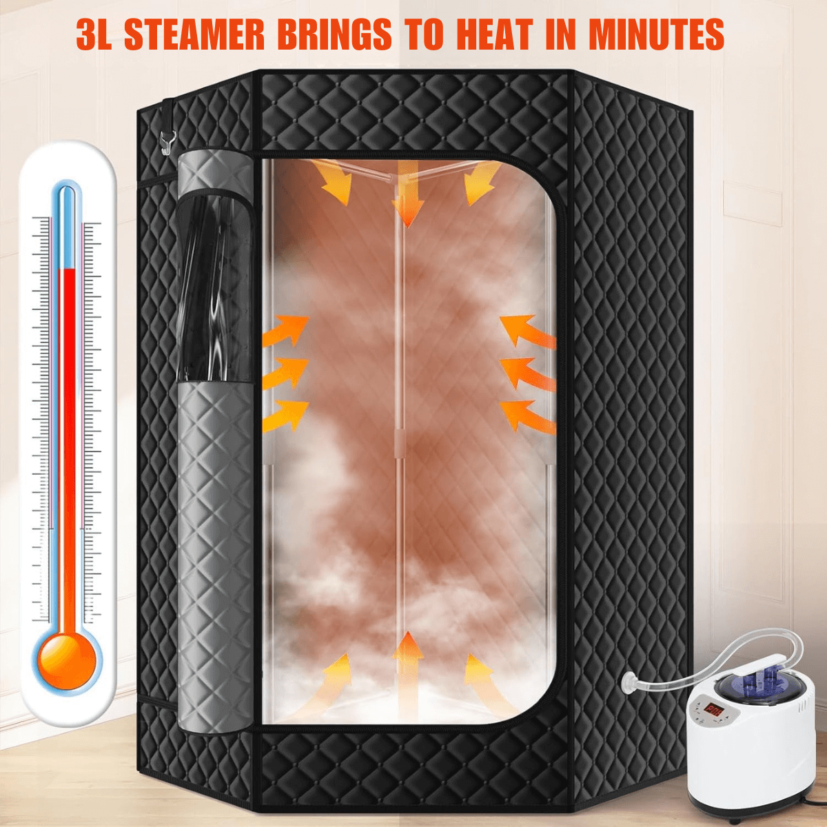 "Black sauna tent with a visible steam effect and internal heating lights, shown next to a thermometer and steam generator. Text at the top highlights fast heating up to 60 degrees Celsius, promoting detox and relaxation.