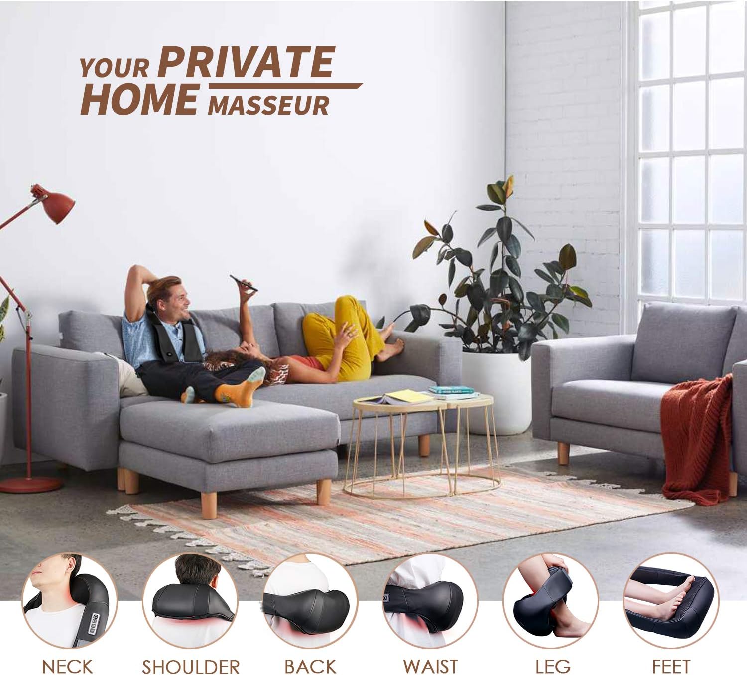 Living room showcasing full-body massage devices including neck, shoulder, and foot massagers for home wellness and relaxation