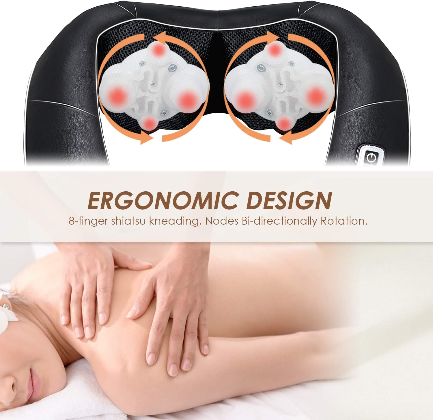 Close-up of bi-directional kneading nodes on neck and shoulder massager with ergonomic design for deep tissue muscle relief