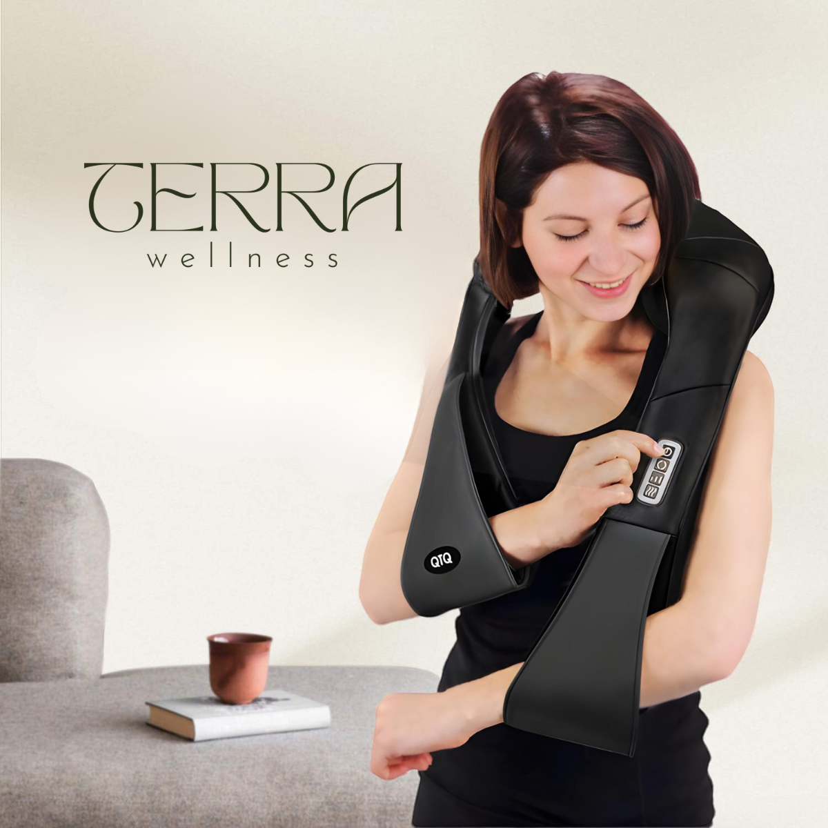 Portable neck and shoulder massager with heat, worn by woman for tension relief and muscle relaxation at home