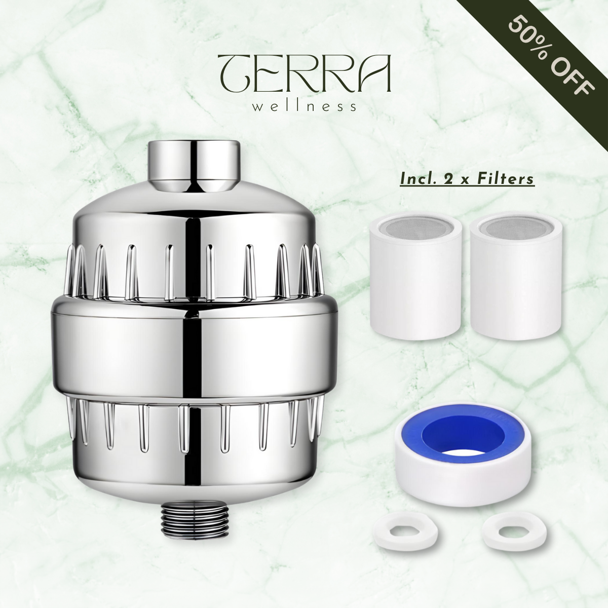 High-pressure shower head filter with replaceable cartridges for removing chlorine, impurities, and hard water buildup