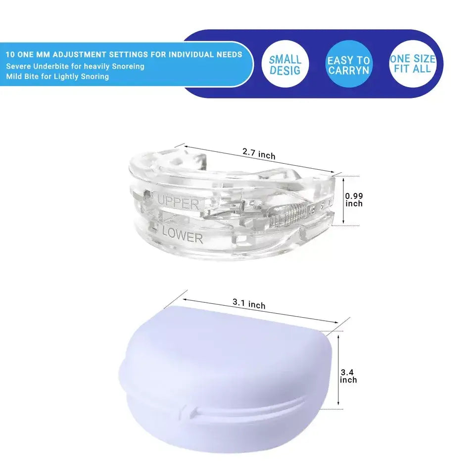Snoring mouth guard and its compact storage case shown on a white background, with a blue header displaying icons for comfort, fit, and airflow. The image emphasizes portability and hygienic storage.