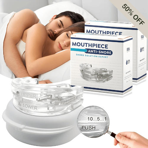 "Snoring mouth guard displayed alongside its storage case and packaging, with a woman sleeping peacefully in the background. The image also features a magnified view of the mouth guard's soft, molded design, emphasizing comfort and anti-snoring benefits.