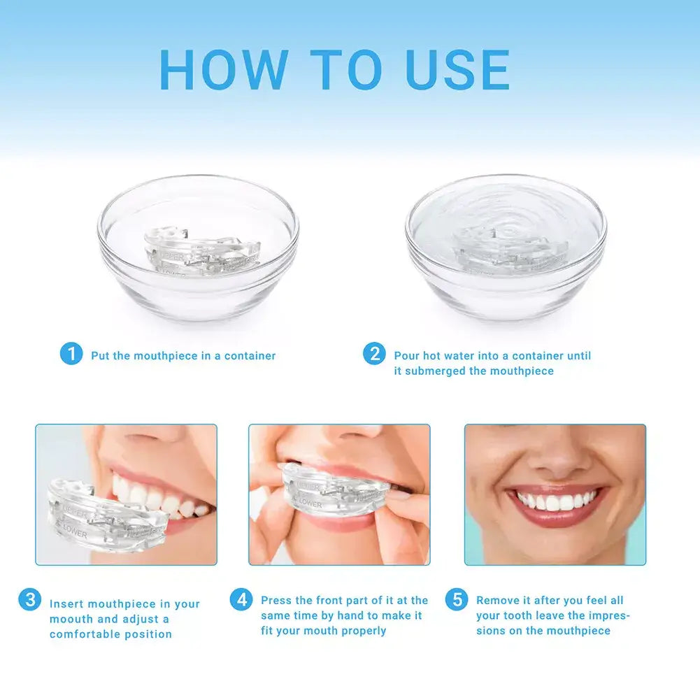 Step-by-step instructions on how to use a snoring mouth guard, showing boiling, molding, and fitting processes. The image includes labeled visuals of the mouth guard being placed in hot water, molded to teeth, and worn comfortably