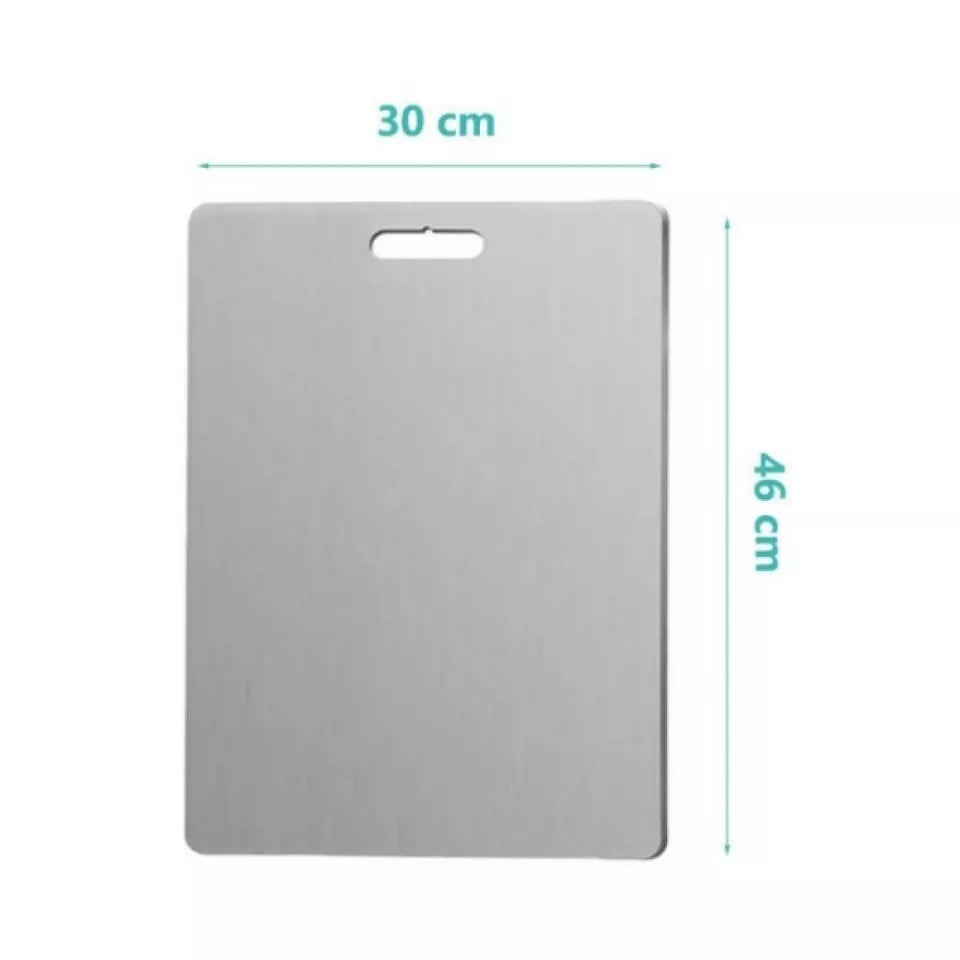 "Titanium Cutting Board with labeled dimensions of 45 cm width and 60 cm height, shown on a white background. Features a sleek, modern design with a built-in handle for easy storage.
