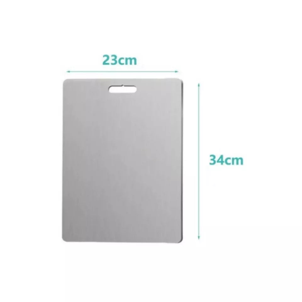 "Titanium Cutting Board shown with labeled dimensions of 35 cm width and 45 cm height, featuring a smooth metallic surface and integrated handle for easy hanging and storage.