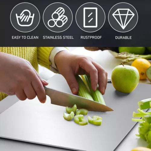 "Hands slicing green vegetables on a Titanium Cutting Board with icons above showcasing features like anti-rust, anti-bacterial, easy to clean, and durable surface. Emphasizes hygienic and long-lasting kitchen performance.