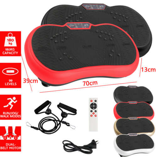 Red vibration machine with included accessories, resistance bands, and remote control, designed for home fitness, muscle toning, and improved circulation.