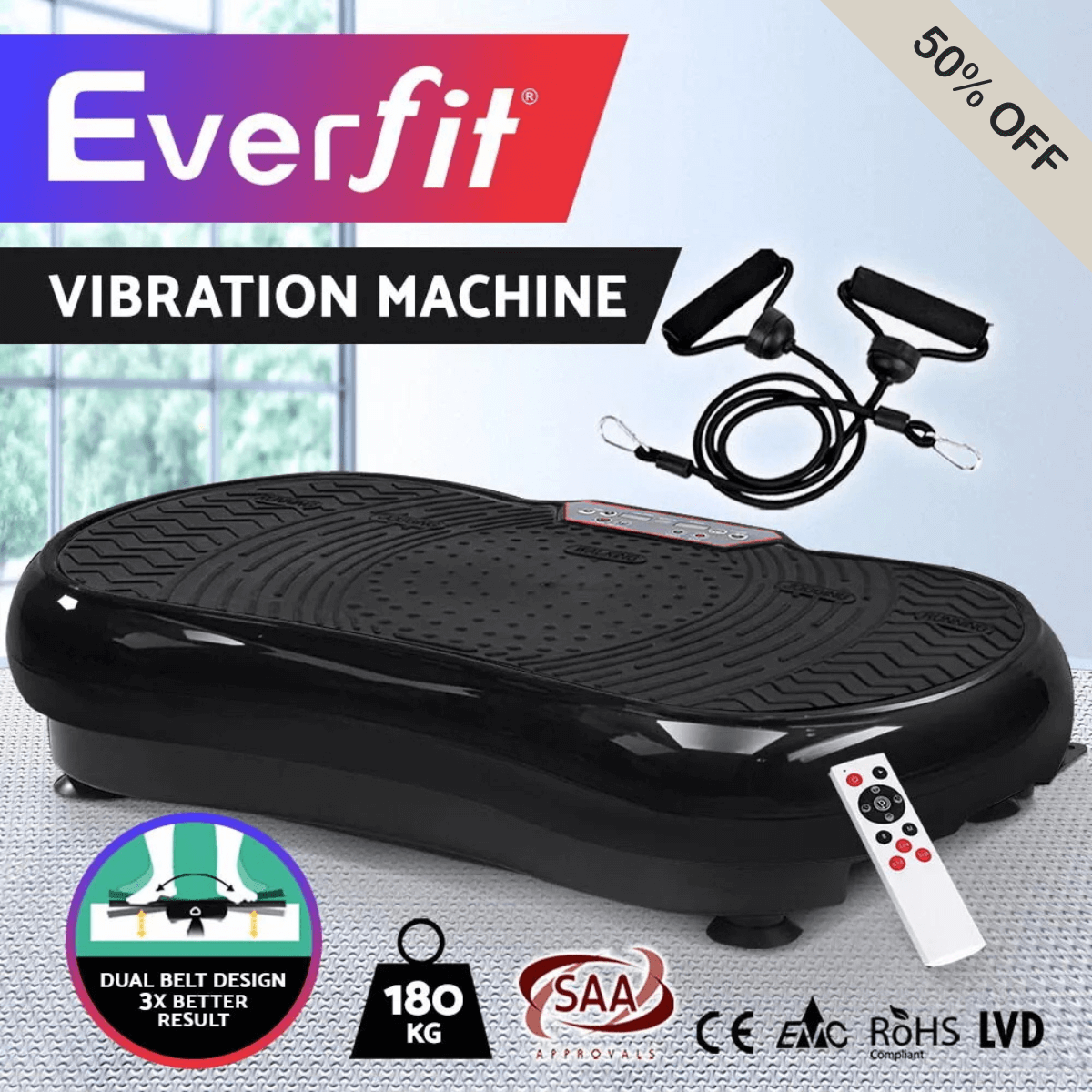 Everfit vibration machine in black with resistance bands, designed for full-body workouts, muscle toning, and improved circulation at home.