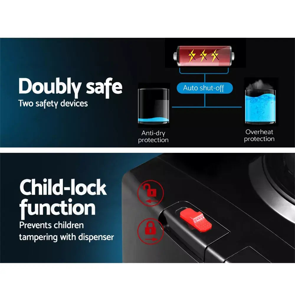 Close-up of water dispenser safety features, including a double safety design for hot water and a child lock function for added protection