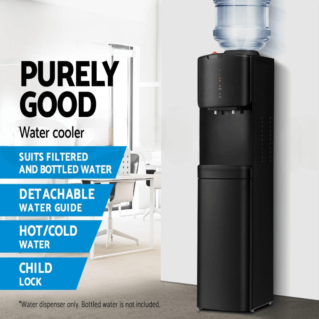 Black top-loading water dispenser with a large water bottle, featuring a sleek design and multiple functions for home or office use.