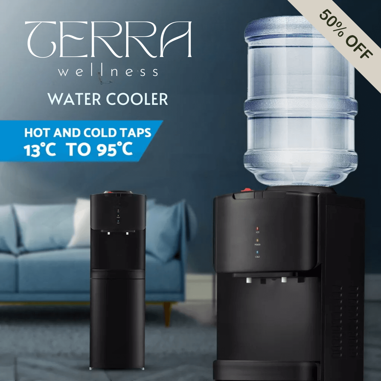 Black water dispenser with a large transparent water bottle on top, designed for hot and cold water dispensing in home or office settings.