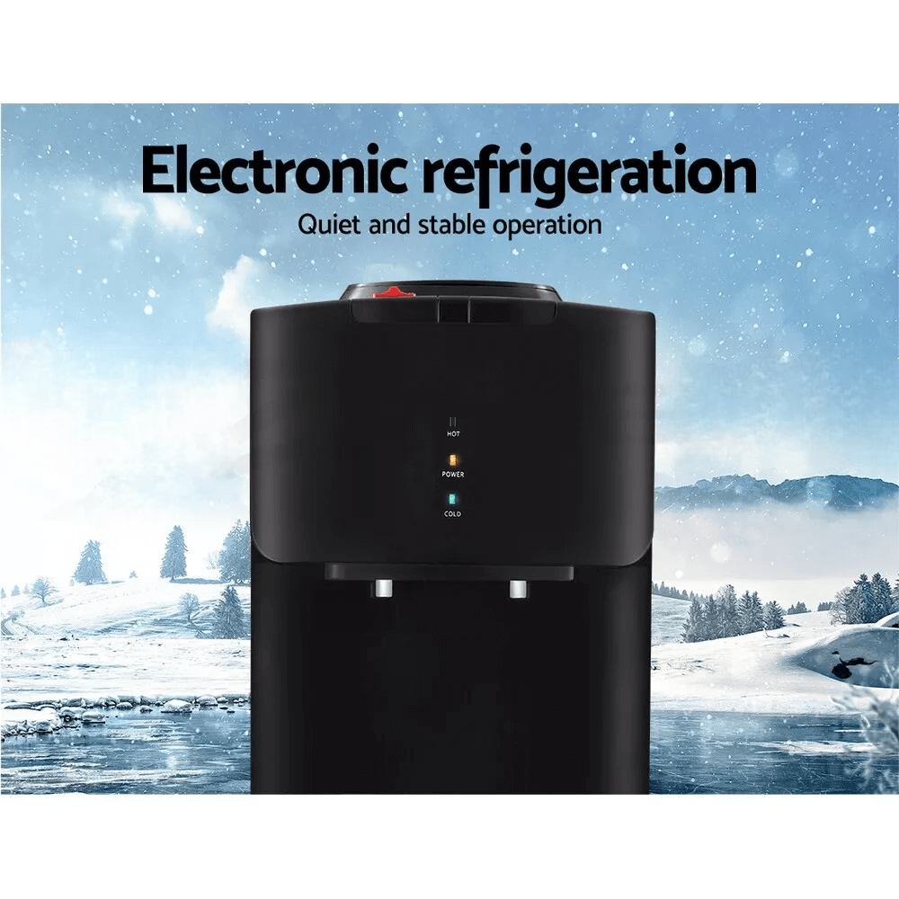 Black water dispenser featuring electronic refrigeration technology, designed for efficient cooling and refreshing water supply.