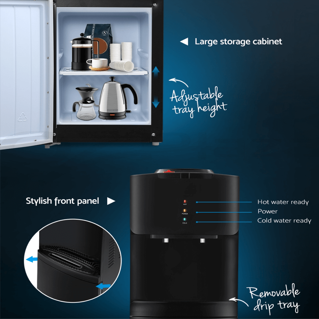 Black water dispenser with built-in storage cabinet, showcasing hot and cold water options and a compact design for home or office use