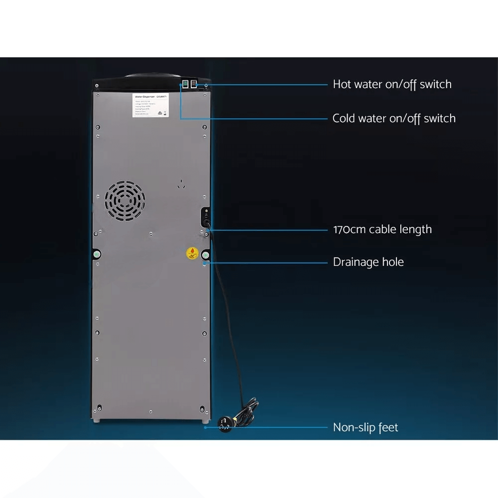 Back view of a water dispenser highlighting key features such as ventilation, power switch, and compressor for efficient cooling and heating.