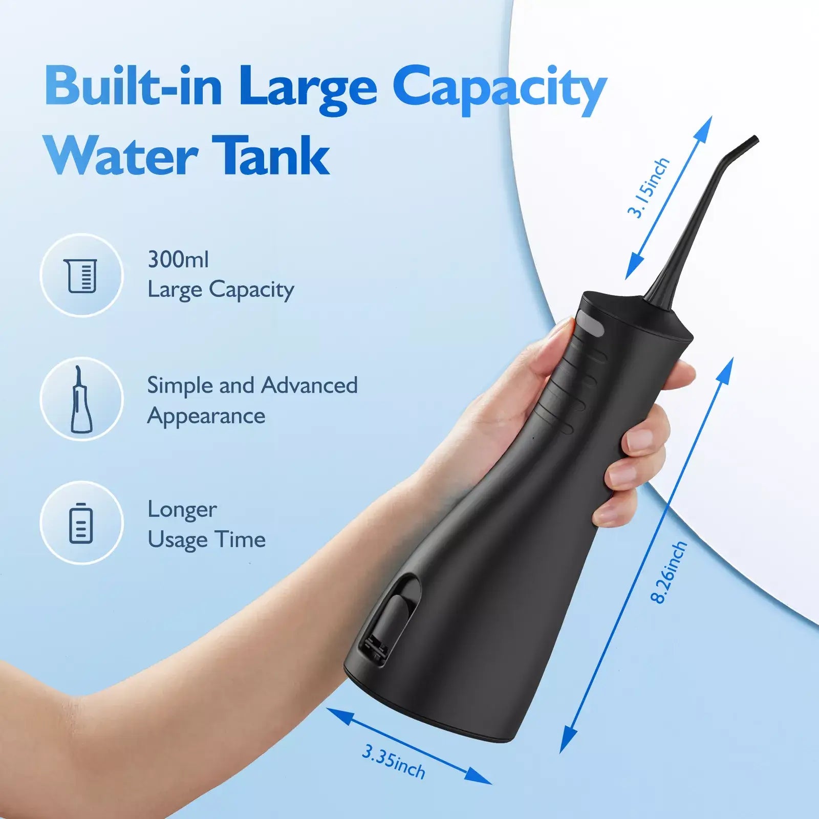 Hand holding water flosser with large capacity tank – ergonomic design for easy oral care