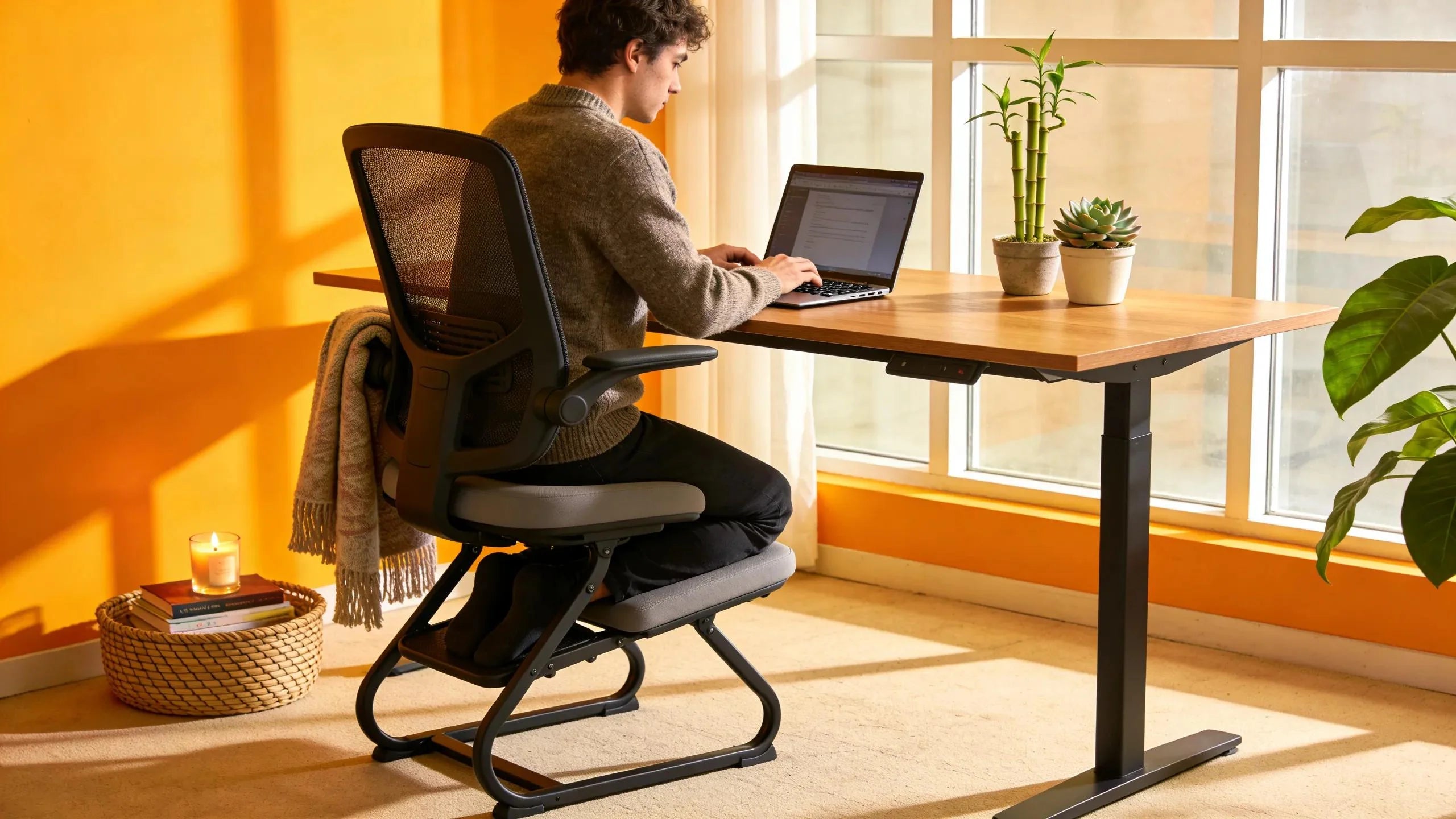 Modern ergonomic kneeling chair in a bright home office setting promoting posture support