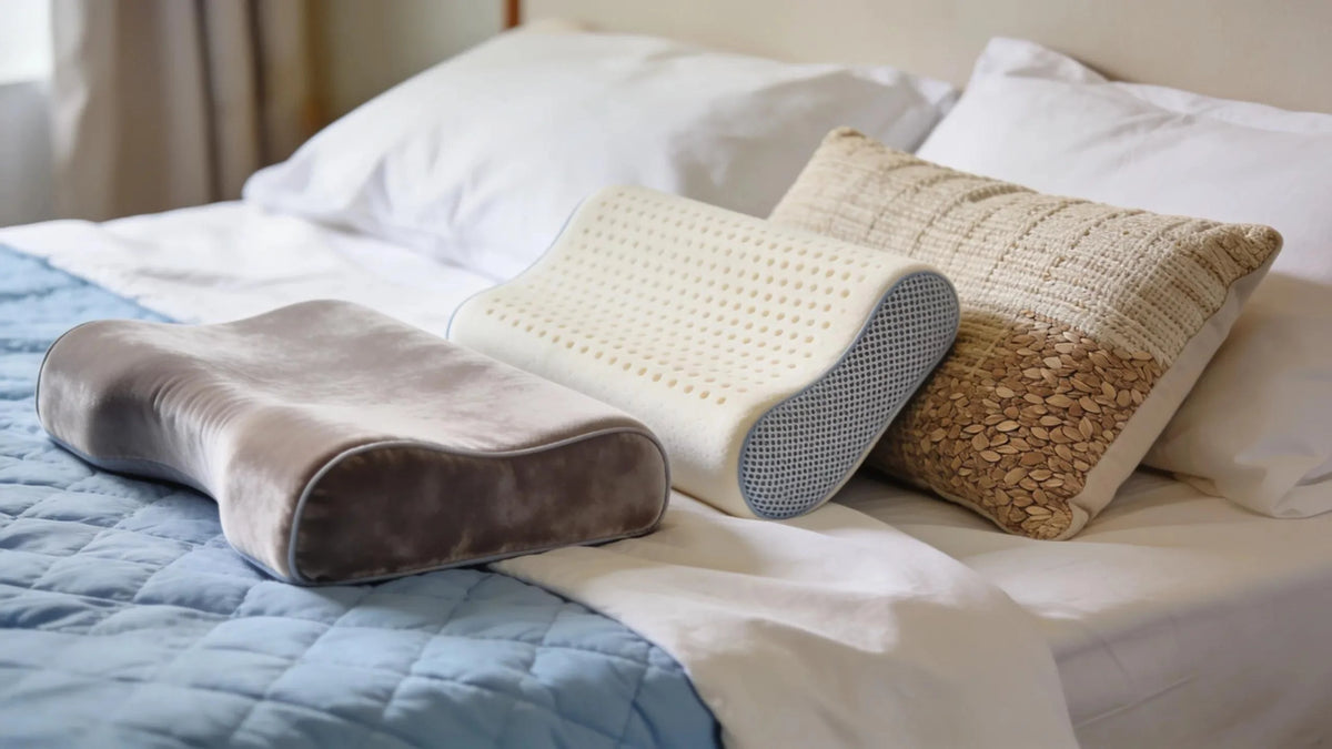 A selection of ergonomic pillows on a cozy bed, illustrating different shapes and materials for neck support.
