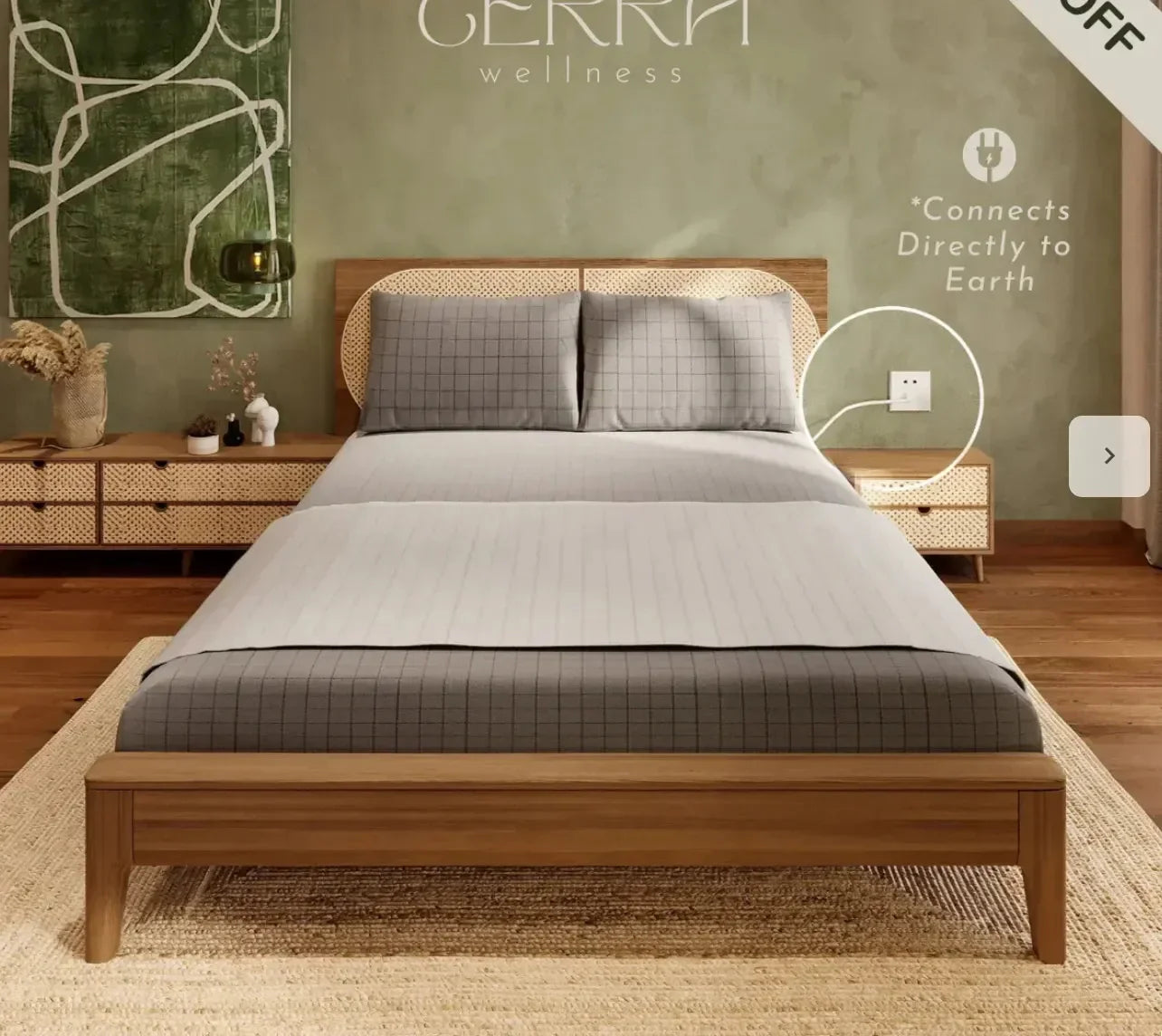 Modern bedroom featuring a wooden bed with gray bedding and an earthing outlet.