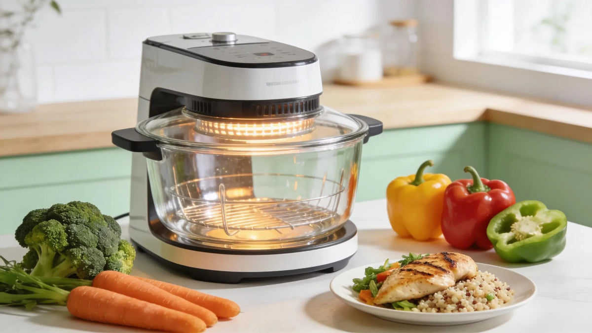 Modern glass air fryer in a bright kitchen with fresh ingredients, emphasizing healthy cooking