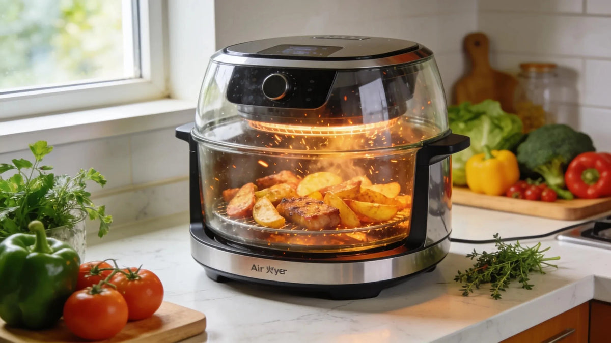Modern glass air fryer in a bright kitchen showcasing healthy cooking options