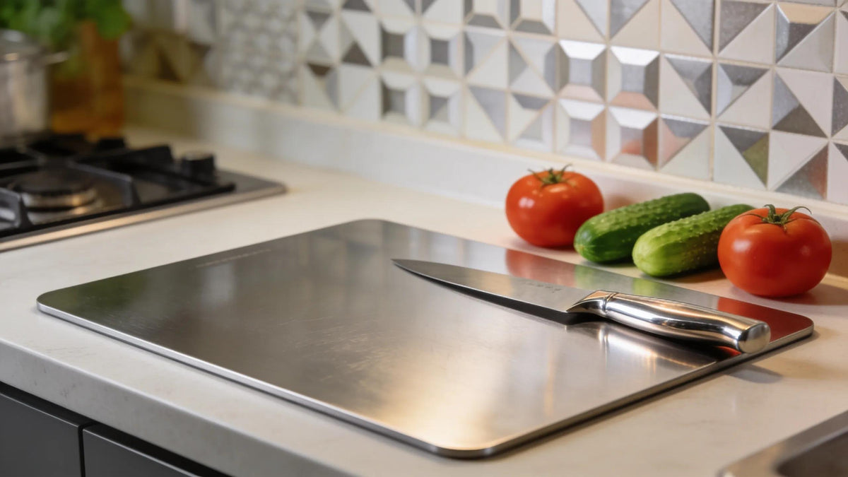 Titanium cutting board in a modern kitchen highlighting its antibacterial properties