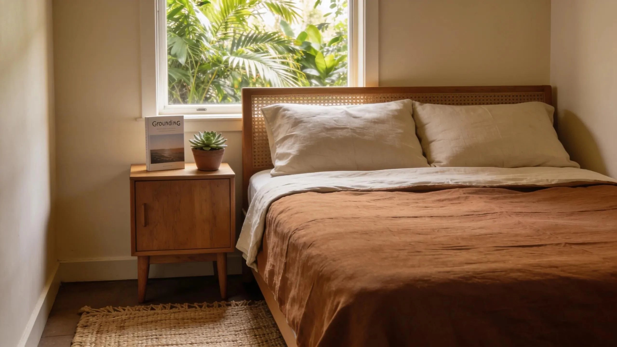Inviting Australian bedroom showcasing grounding sheet on a neat bed, emphasizing wellness and comfort