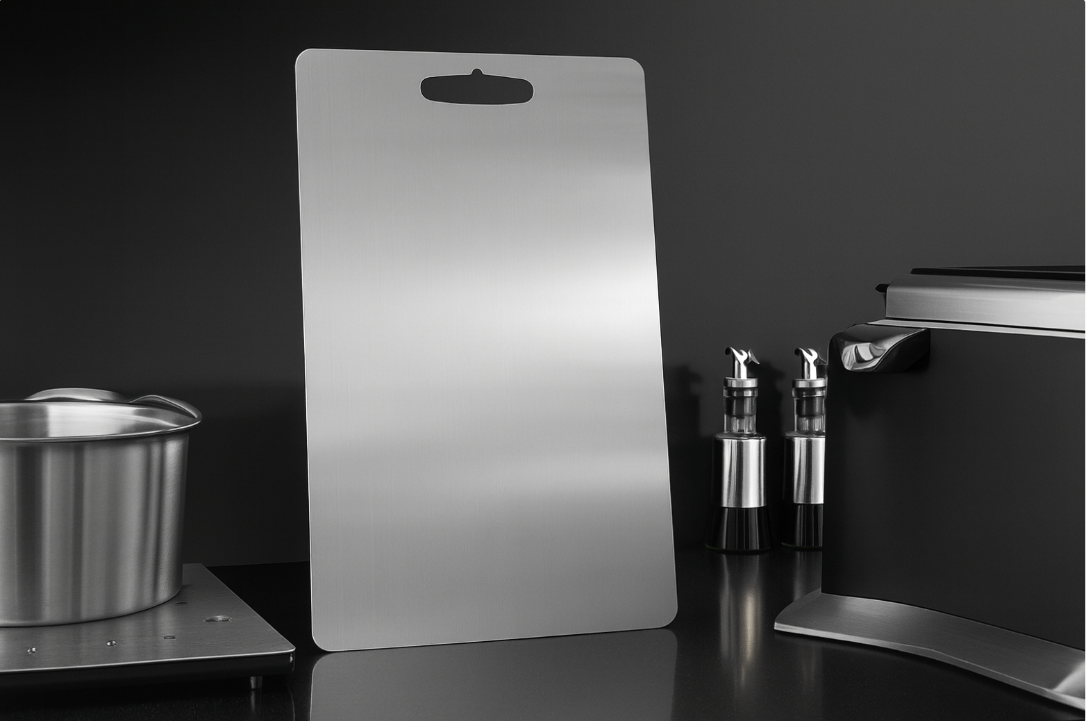 Premium titanium cutting board standing upright on a modern black kitchen counter with stainless steel cookware