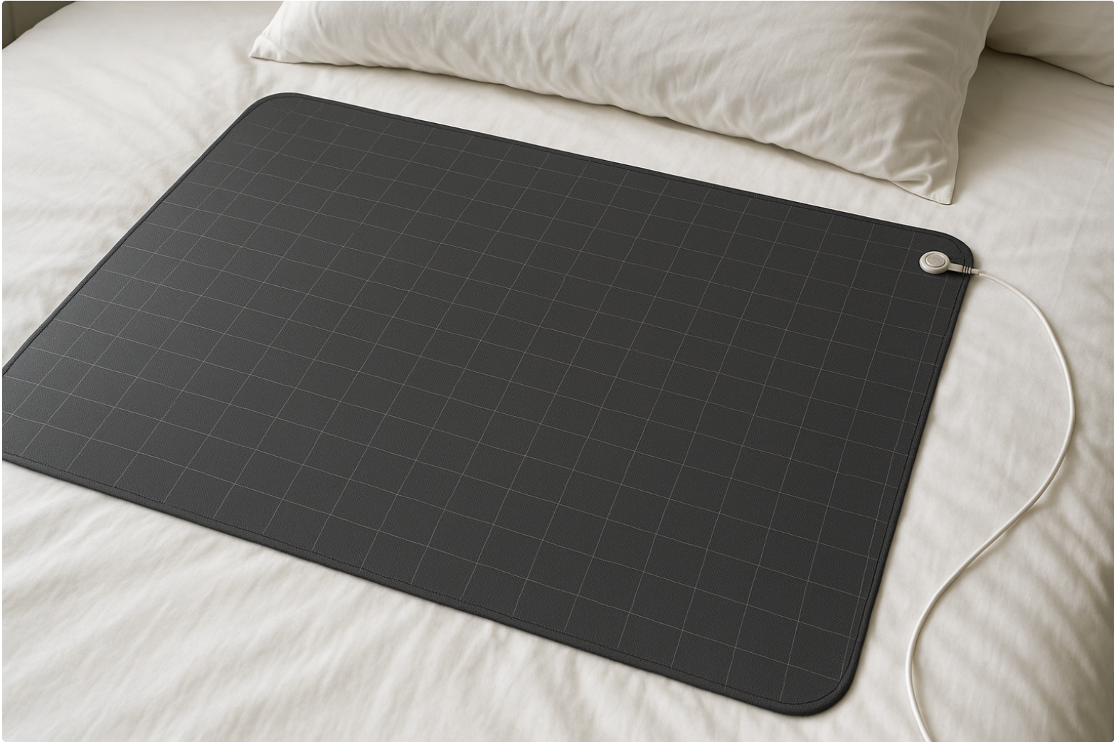 Black grounding sheet with cord placed on a white bed, designed for better sleep and wellness benefits