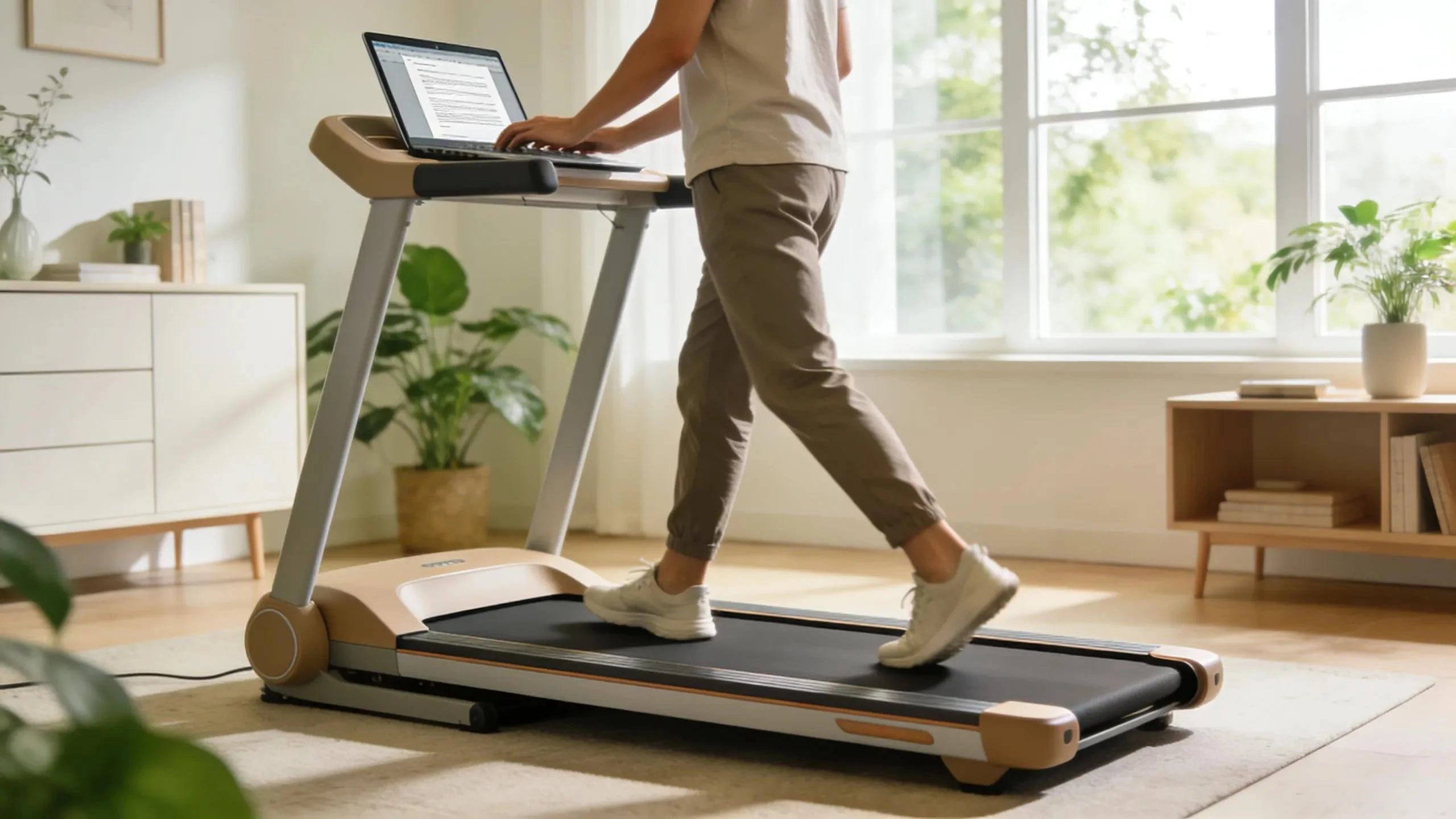 Walking pad in a bright home office, promoting indoor active living for wellness.