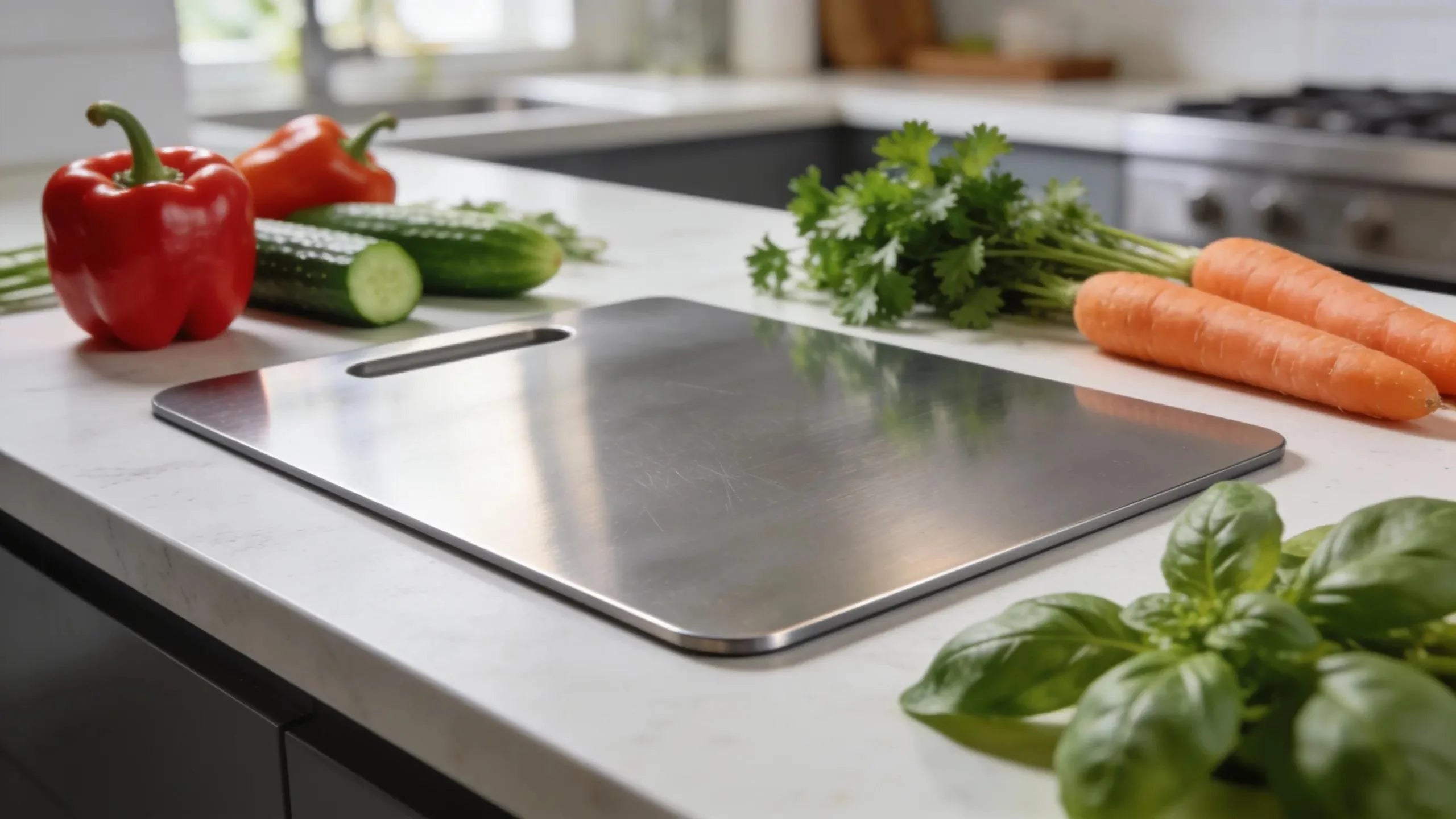 Titanium chopping board with fresh vegetables in a modern kitchen setting