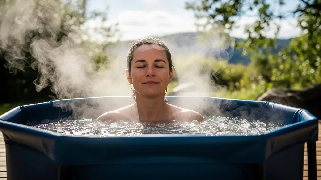 Person experiencing the benefits of cold water therapy in a portable ice bath
