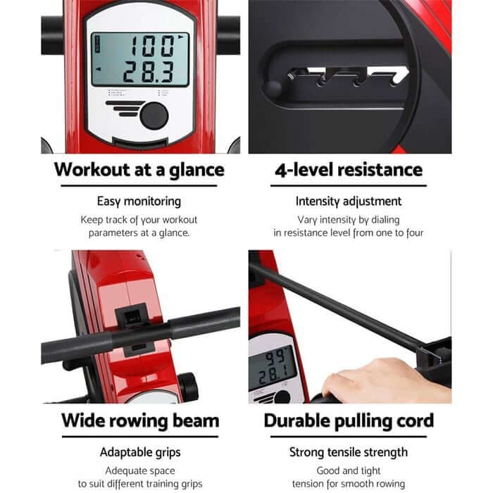 Close-up features of a rowing machine, including an LCD display, adjustable resistance knob, comfortable seat cushion, and flexible pulling cord for a customized workout experience.