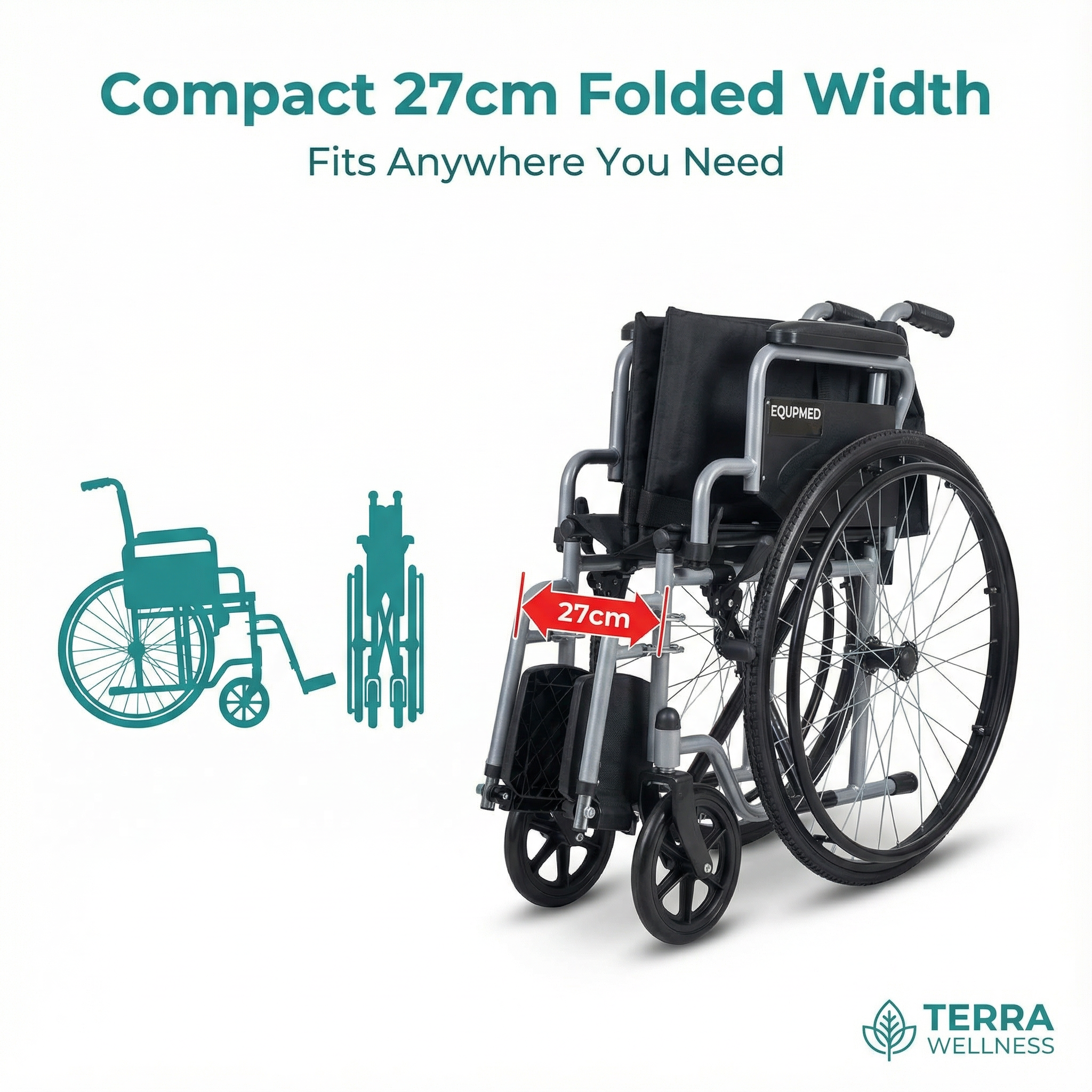 EQUPMED 24" Wheelchair - Folds For Easy Transport, Supports Up To 136kg